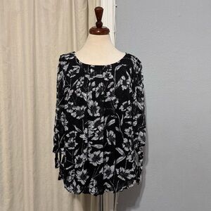 Roz & Ali Women Black & White Floral Lined 3/4 Sleeve Relaxed Fit Blouse Size 1X